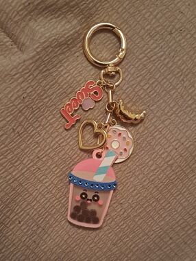 Cute Pink Bubble Tea & Donut Keychain Charm